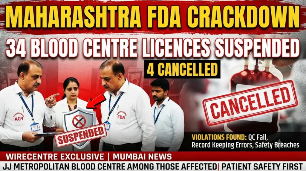 Maharashtra FDA cracks down on blood centres, suspends 34 licences and cancels 4 over serious safety violations in 2026.