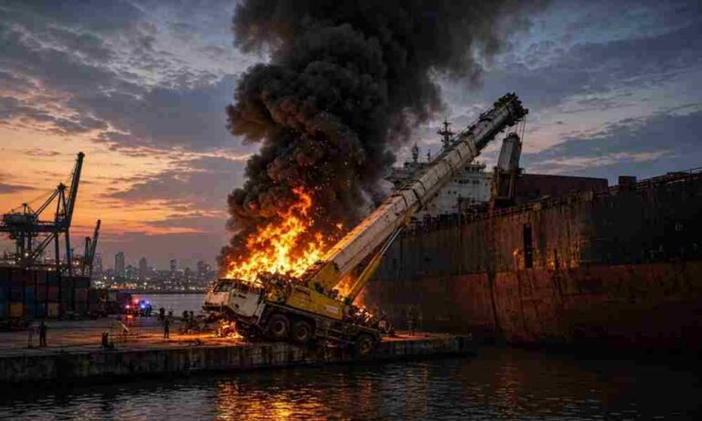 Mumbai Port fire - Dramatic Port Accident Crane Overturns and Bursts Into Flames at Mumbai Harbor, Two Injured